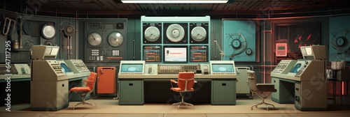 Vintage Computer Room With Mainframe Machines And Punch Card Readers photo