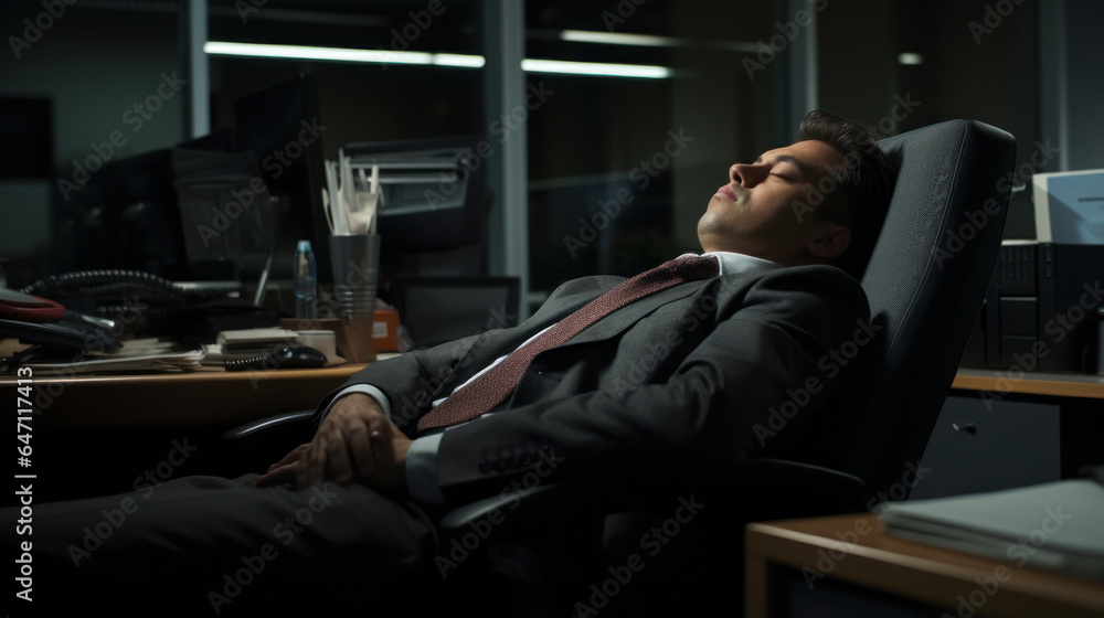 Exhaustion at the Desk: Office Worker's Slumber After a Grueling Day of Toil.