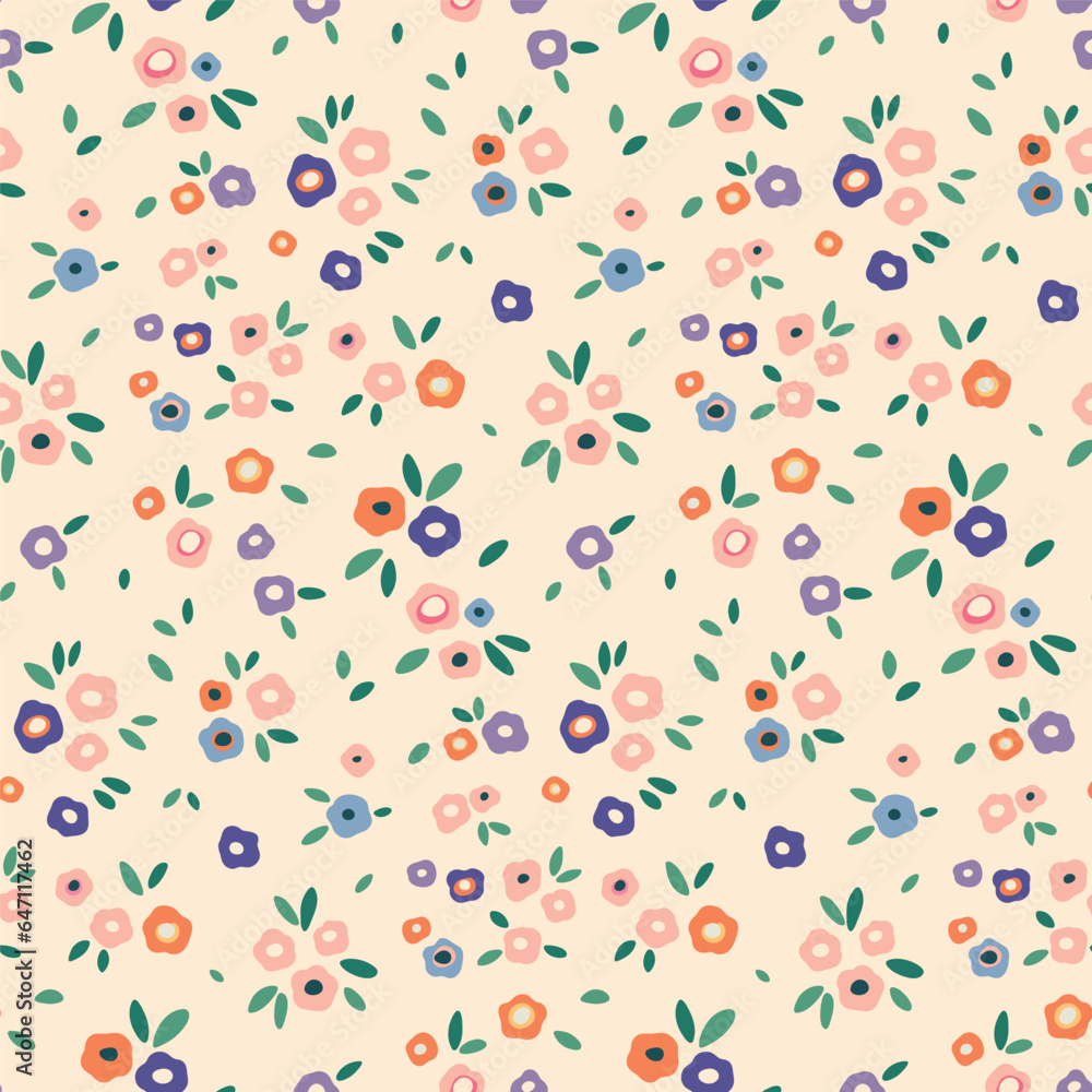 Seamless floral pattern, liberty ditsy print with pretty gentle meadow. Cute botanical design with simple small plants: tiny hand drawn flowers, mini leaves on a light background. Vector illustration. Seamless floral pattern, liberty ditsy print with pretty gentle meadow. Cute botanical design with simple small plants: tiny hand drawn flowers, mini leaves on a light background. Vector illustration.