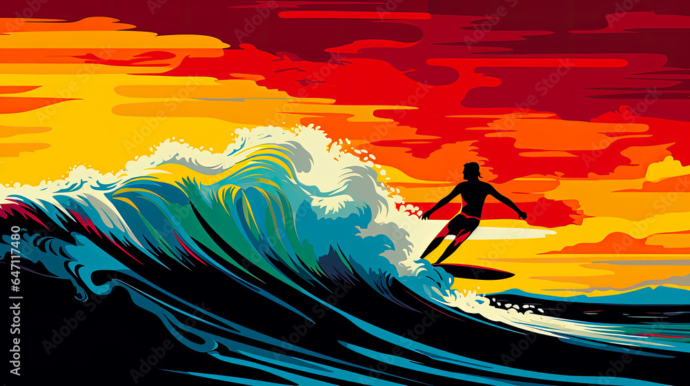 Man surfing on a wave in the ocean during sunset. Colorful art design with bold outlines and vivid colors. Logo or background design element.