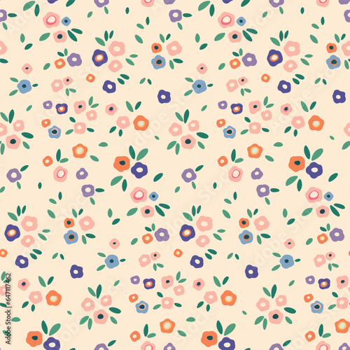 Seamless floral pattern, liberty ditsy print with pretty gentle meadow. Cute botanical design with simple small plants: tiny hand drawn flowers, mini leaves on a light background. Vector illustration.