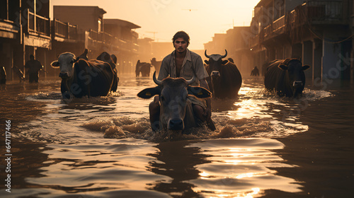 Tablou canvas Man rescuing his animals after flood caused by heavy rains in North Africa