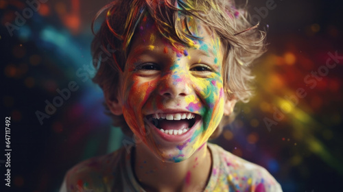 Joyful Artistry: A Delighted Boy Adorned in a Symphony of Vivid Paint Colors, Reveling in Creative Play.