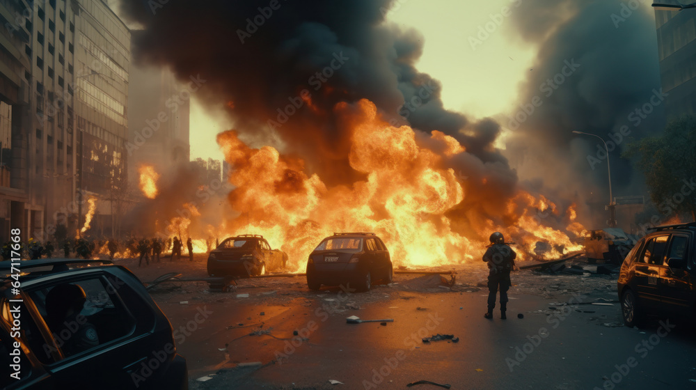 Daytime City Protests: Special Forces Quelling Riots, Buildings and Cars Ablaze in Revolutionary Unrest. - obrazy, fototapety, plakaty 