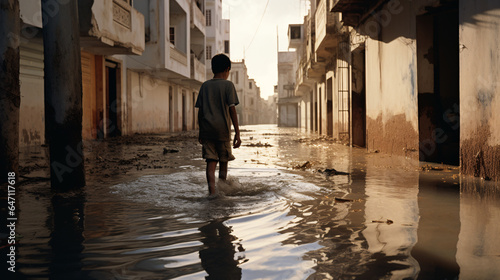Fotografia Little boy walking on the street after flood in North Africa
