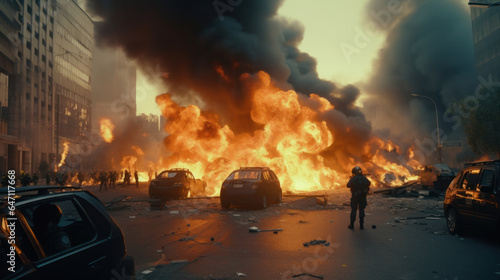 Daytime City Protests: Special Forces Quelling Riots, Buildings and Cars Ablaze in Revolutionary Unrest. © Ai Studio