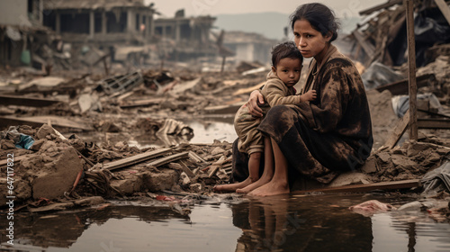 Fotografia A mother and child sitting on the ruins of their house after flood caused by heavy rains in North Africa