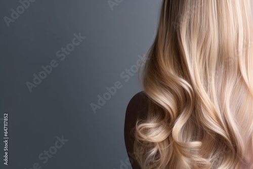 Curly blonde hair on grey background. Beautiful healthy long blond hair lock, haircut, hairstyle. Dyed hair or coloring, hair extension, cure, treatment concept. Copy space for, Generative AI photo