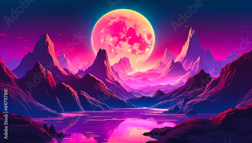 Celestial Landscape: Mountains Framing a Mysterious Purple Moon