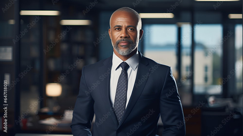 Proud lawyer and CEO, a middle-aged Afro American businessman, posing confidently in his office, arms crossed, exuding professionalism, executive portrait., american professional