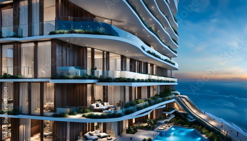 Exterior view of a high-rise luxury tower apartment near the sea.