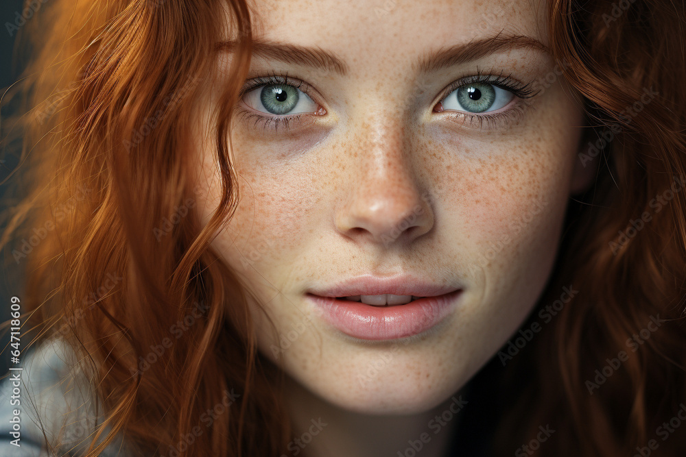 A close up portrait of a beautiful redhead with full and plump lips A close up portrait of a beautiful redhead with full and plump lips