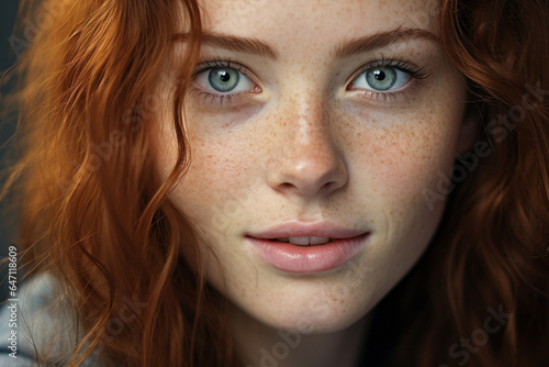 A close up portrait of a beautiful redhead with full and plump lips