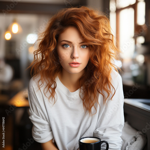 Close up portrait of a red haired woman holding a large black cup