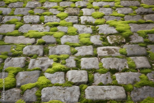 Cobblestoned pavement, green moss between brick background. Old stone pavement texture. Cobbles closeup with green grass in the seams. Stone paved walkway in old, Generative AI