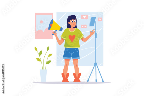 Blogging concept with people scene in the flat cartoon design. A young blogger makes content for her followers on social networks. Vector illustration.
