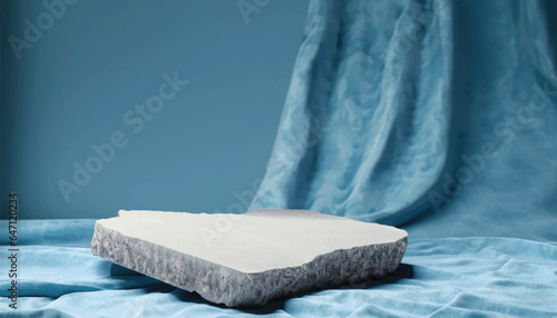 Broken stone podium decorated on light blue fabric texture luxurious background. Blank stage, platform or pedestal for display product vector illustration.