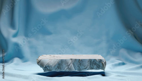 Broken stone podium decorated on light blue fabric texture luxurious background. Blank stage, platform or pedestal for display product vector illustration.