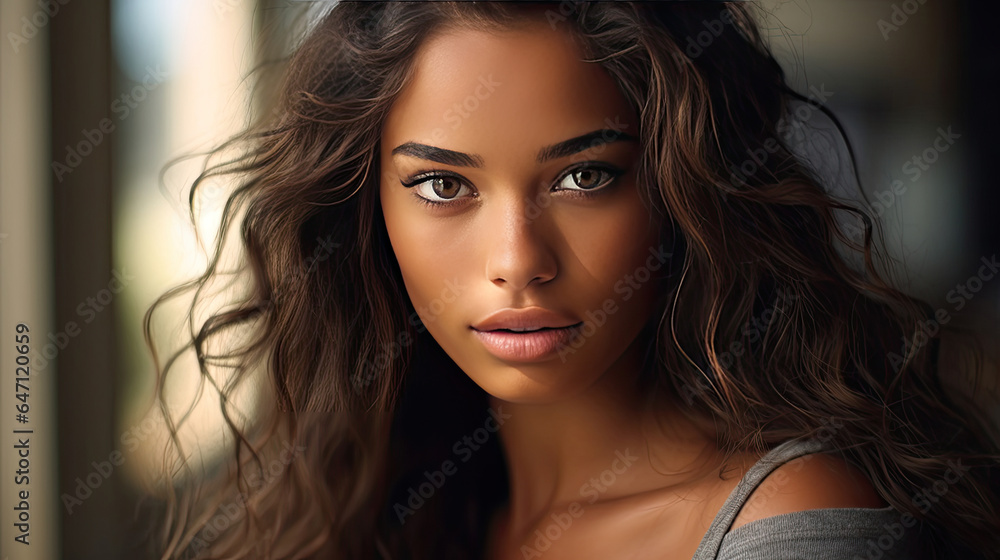 Fototapeta premium a Beautiful girl with smooth tanned skin and tender. Generative Ai