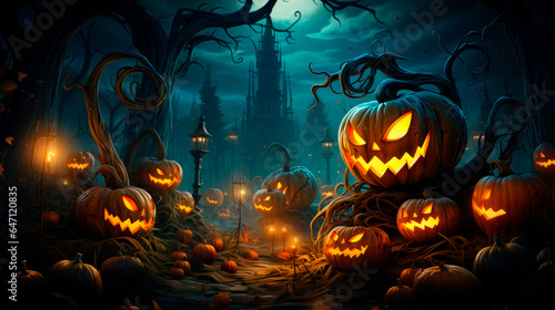 Halloween pumpkins and dark castle