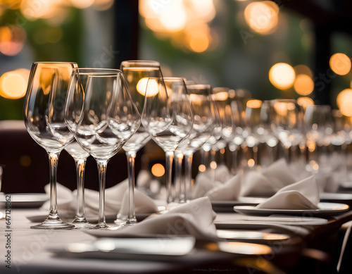 Glasses placed on restaurant table with table coordination setup and sparkling bokeh background