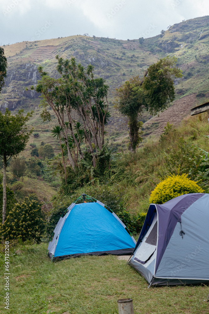 Camping tents at a campsite with a mountain view at a campsite at Morningside Campsite in Uluguru Mountains, Tanzania