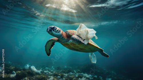Turtles ingesting plastic bags, mistakenly thinking they are jellyfish. Plastic pollution in the ocean is a pressing environmental issue