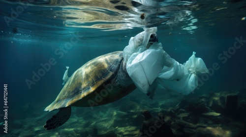 Turtles ingesting plastic bags, mistakenly thinking they are jellyfish. Plastic pollution in the ocean is a pressing environmental issue © Ekayuth