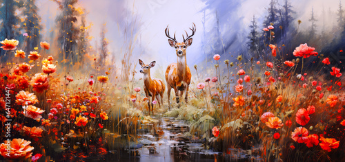 Deer in a field, red deer cow and deer as an oil painting, landscape with flowers, forest, meadows, stream, panorama, background, wallpaper, croppable, generative ai