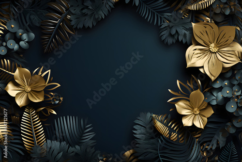 Dark background frame with tropical leaves and flowers adorned with golden highlights. 