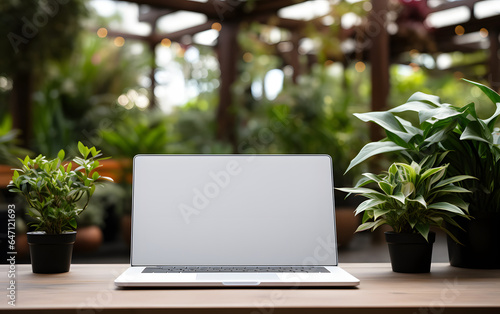 A laptop with a blank white screen sits on a wooden desk in a room full of plants. The plants are lush and green, providing a natural and calming setting for the laptop.