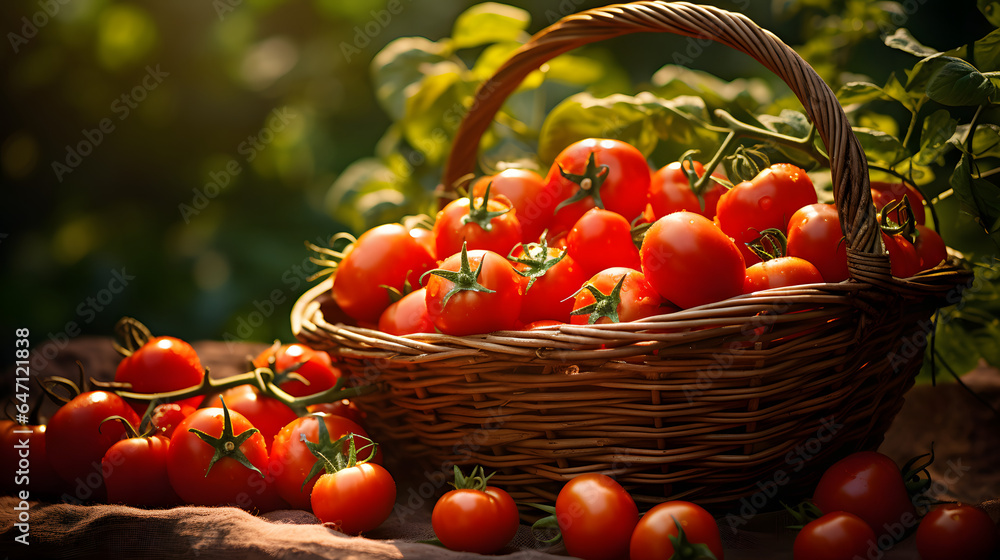 Fresh red tomatoes in a beautiful woven basket, showcasing gardening produce, vegetables, and the garden-fresh lifestyle. Fresh red tomatoes in a beautiful woven basket, showcasing gardening produce, vegetables, and the garden-fresh lifestyle.
