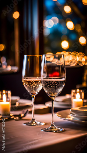 Glasses placed on restaurant table with table coordination setup and sparkling bokeh background