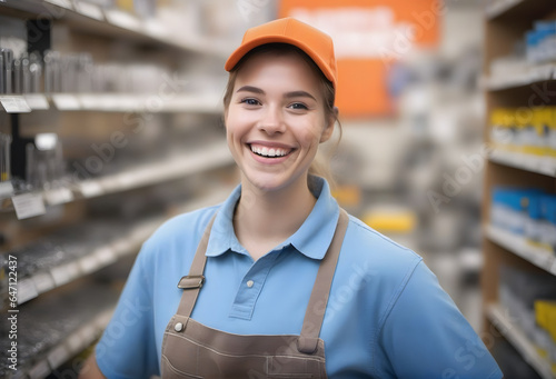 Joyful happy smiling female woman hardware store worker