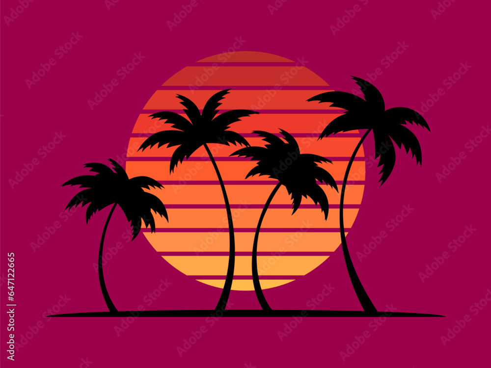 Black silhouettes of palm trees at sunset. Tropical landscape with palm trees and retro sun in 80s style. Design for posters, banners and printing of promotional products. Vector illustration