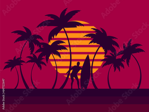 Surfer with a surfboard with palm trees at sunset in 80s style. Black silhouettes of palm trees with curved trunks and a surfer with a surfboard. Design for posters and banners. Vector illustration