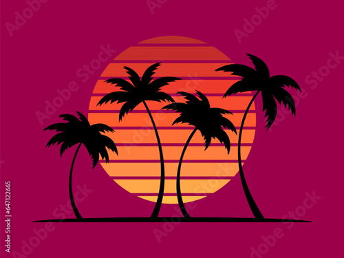Black silhouettes of palm trees at sunset. Tropical landscape with palm trees and retro sun in 80s style. Design for posters, banners and printing of promotional products. Vector illustration