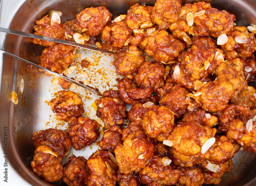 Red Hot Meat Balls on Street Food Market, Sweet Bbq Pork In Sauce, Chinese Meal With Condiments Red Hot Meat Balls on Street Food Market, Sweet Bbq Pork In Sauce, Chinese Meal With Condiments