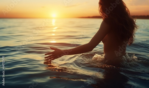 woman on the beach touching water 