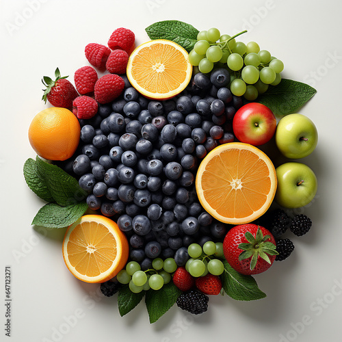 Top view of fresh fruits and berries on a white background  Generative AI