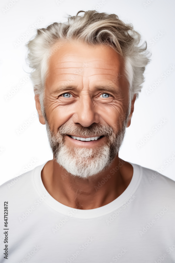 Portrait good-looking middle-aged man with gray beard and gray hair smiling at camera - theme old age or retirement - Generative AI Portrait good-looking middle-aged man with gray beard and gray hair smiling at camera - theme old age or retirement - Generative AI