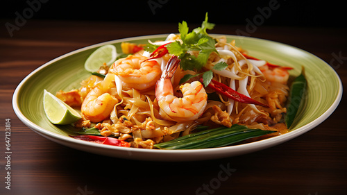 Stir-fried Pad thai, noodles with shrimp and vegetables on a wooden table. AI Generative