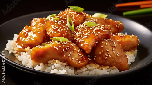 Korean fried chicken with rice and sesame seeds on a black background. AI Generative