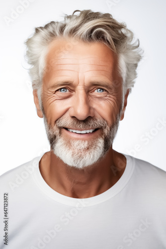 Portrait good-looking middle-aged man with gray beard and gray hair smiling at camera - theme old age or retirement - Generative AI