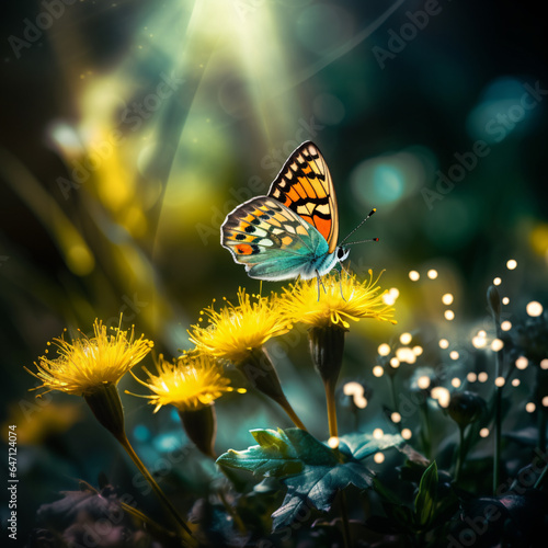 Butterfly sitting on yellow filaria Flower in Fantast © khan