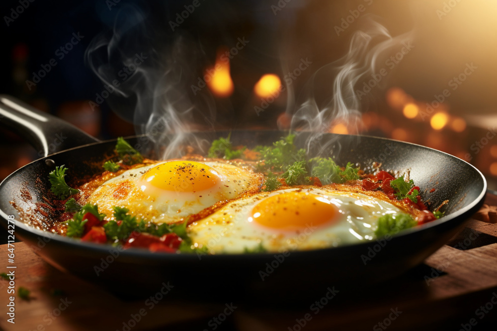 Frying pan with fried eggs and herbs. Traditional breakfast. Healthy homemade food. Frying pan with fried eggs and herbs. Traditional breakfast. Healthy homemade food.