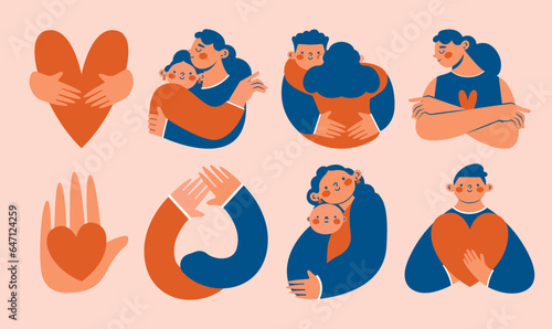 Abstract cute illustrations with friends, mother and child, lovers, persons are standing, hugging, posing together. Hand drawn cartoon characters. Togetherness, friendship, motherhood concept.  © renberrry