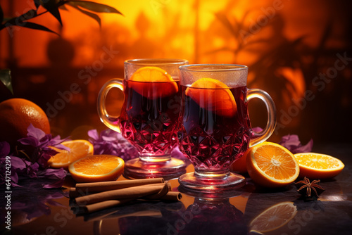 A glass of mulled wine with a slice of orange and cinnamon. Autumn aesthetics
