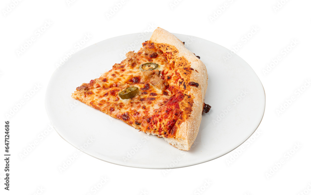 Italian Pizza Isolated, Ham Pizza with Green Hot Pepper, Chili Pepper and Mozzarella Cheese