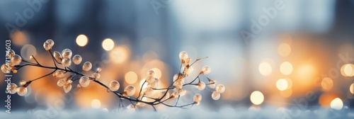 Christmas tree decoration, snowy tree branch closeup, blur bokeh lights background, banner © Rawf8
